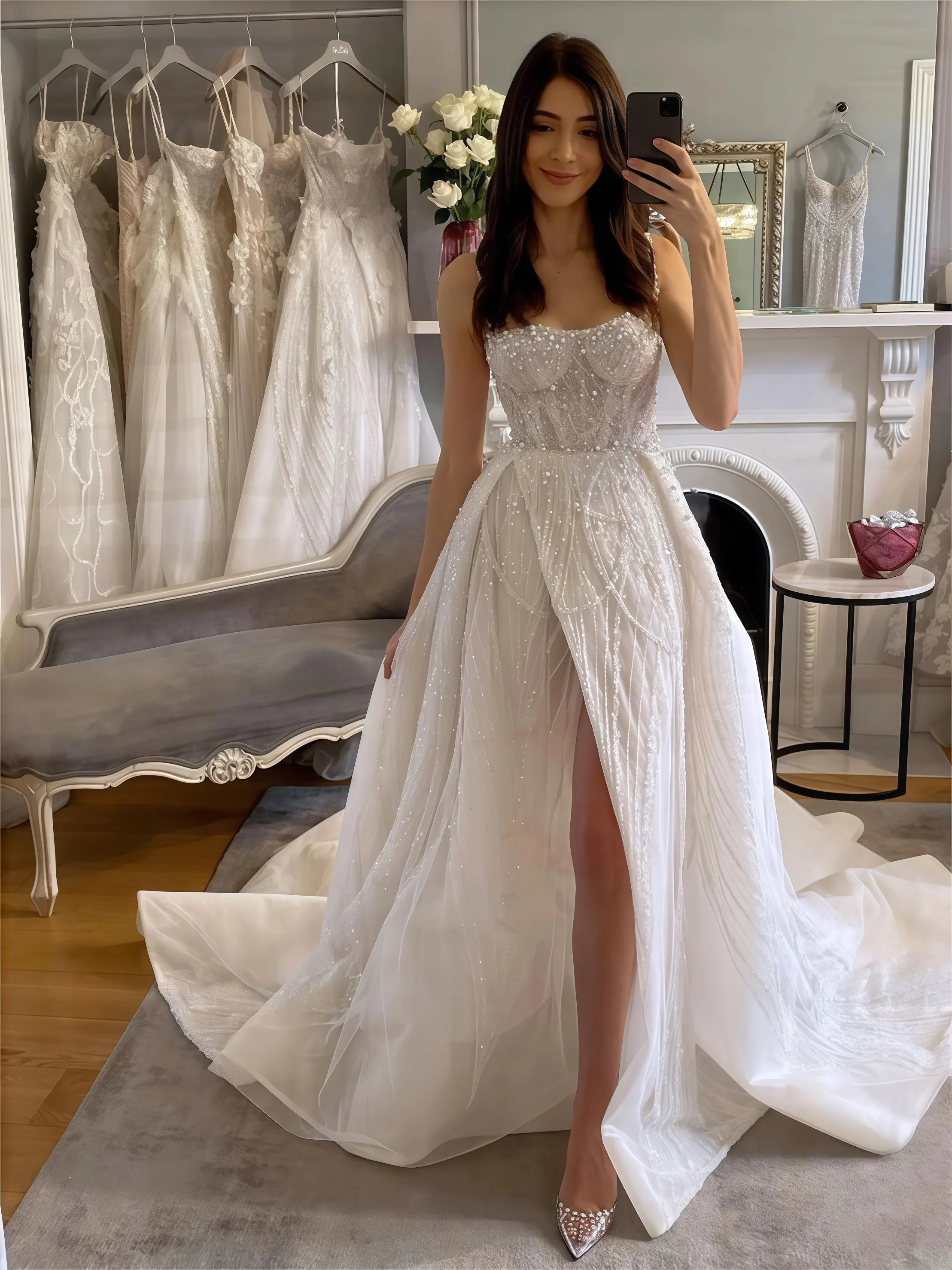 カスタマイズされた高級ストラップレスブライダルドレス 2026 魅力的なノースリーブドレスエレガントなスパンコールフロアガウン Vestidos De Novia