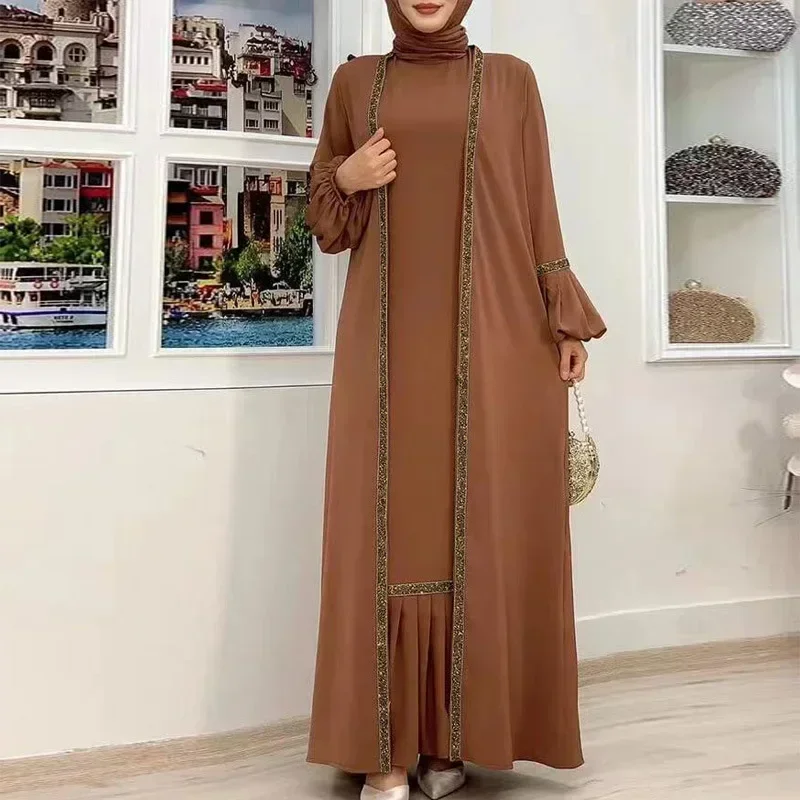 Eid Muslim Abaya Kimono 2 Piece Set Dubai Luxury Islam Turkey Abayas for Women Sequin Evening Party Dress Moroccan Kaftan Robe