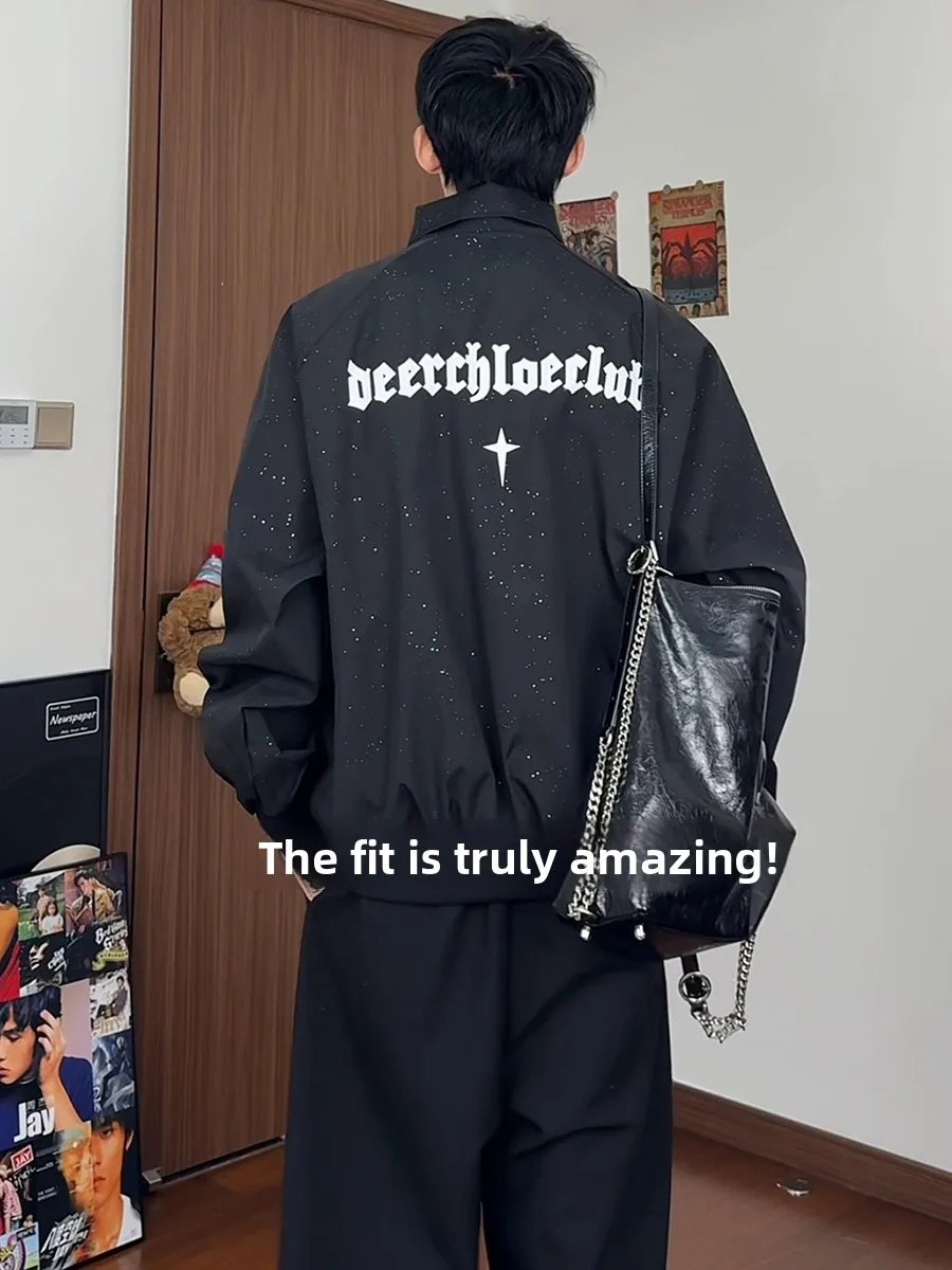 American High Street Black Jacket Men's Spring Autumn Three-Proof Stand Collar Flight Jacket Loose Fit Casual Outerwear