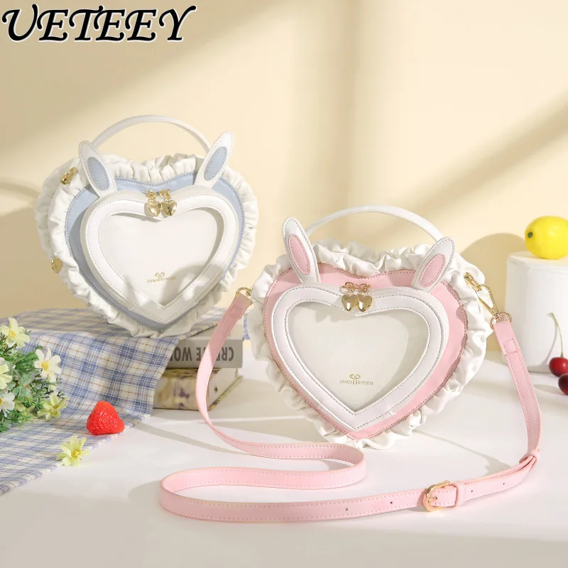 

Autumn New Rabbit Ear Peach Heart Transparent Pain Bags Female Student Bar Bag Handbag Shoulder Bag Lolita Sweet Cute Lace Bag