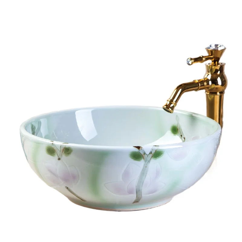 

Porcelain Chinese classic art lotus countertop bathroom sink ceramic art wash basin