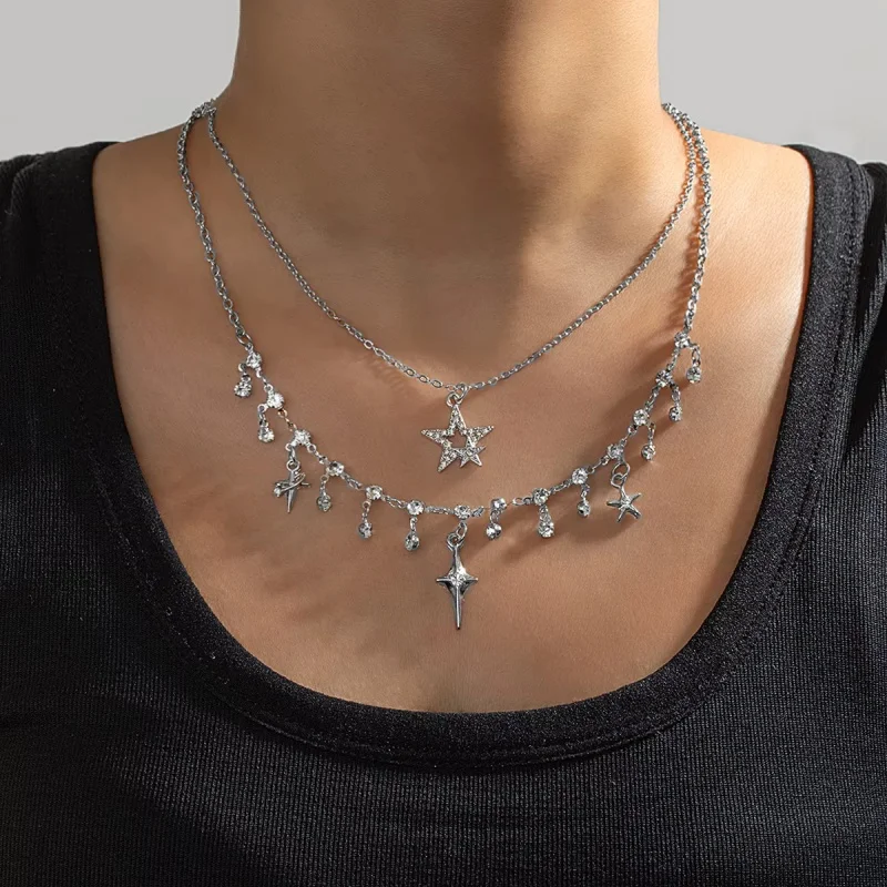 2Pcs Y2K Layered Star Necklace Set, Water Diamond Hollow Star and Four Corner Star Pendant Necklace, Women's Daily Jewelry
