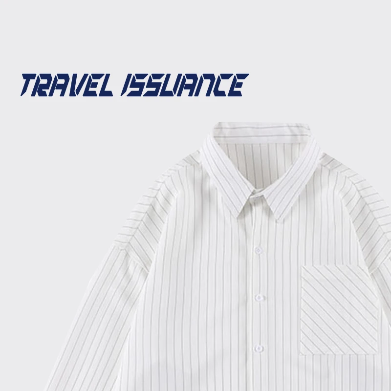 Travel Issuance Loose Long Sleeve Shirt White Stripe Klein Blue Spring 2023 Men's Casual Wear Square Collar Regular Thickness