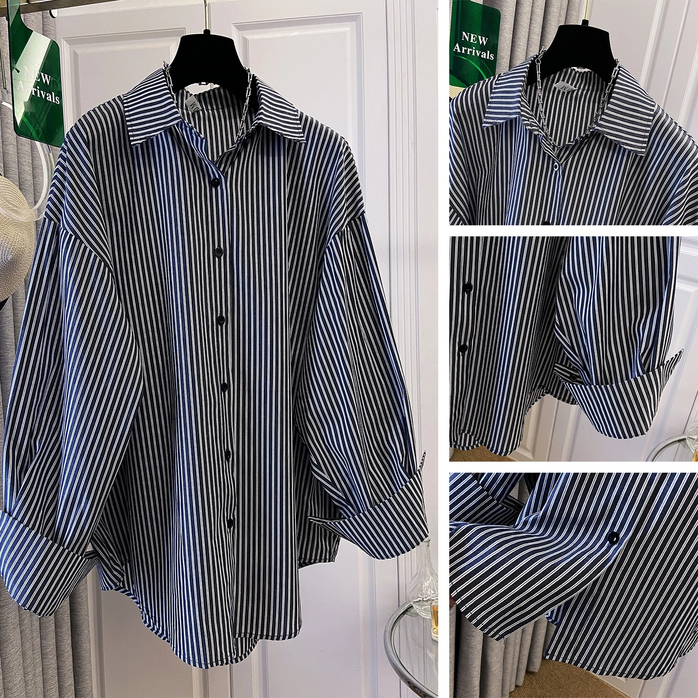 أنيقة الأزرق مخطط Ne irt المرأة فضفاضة عارضة طويلة Sve أوائل الخريف ملابس خارجية حماية من الشمس أعلى الكورية Sle #4