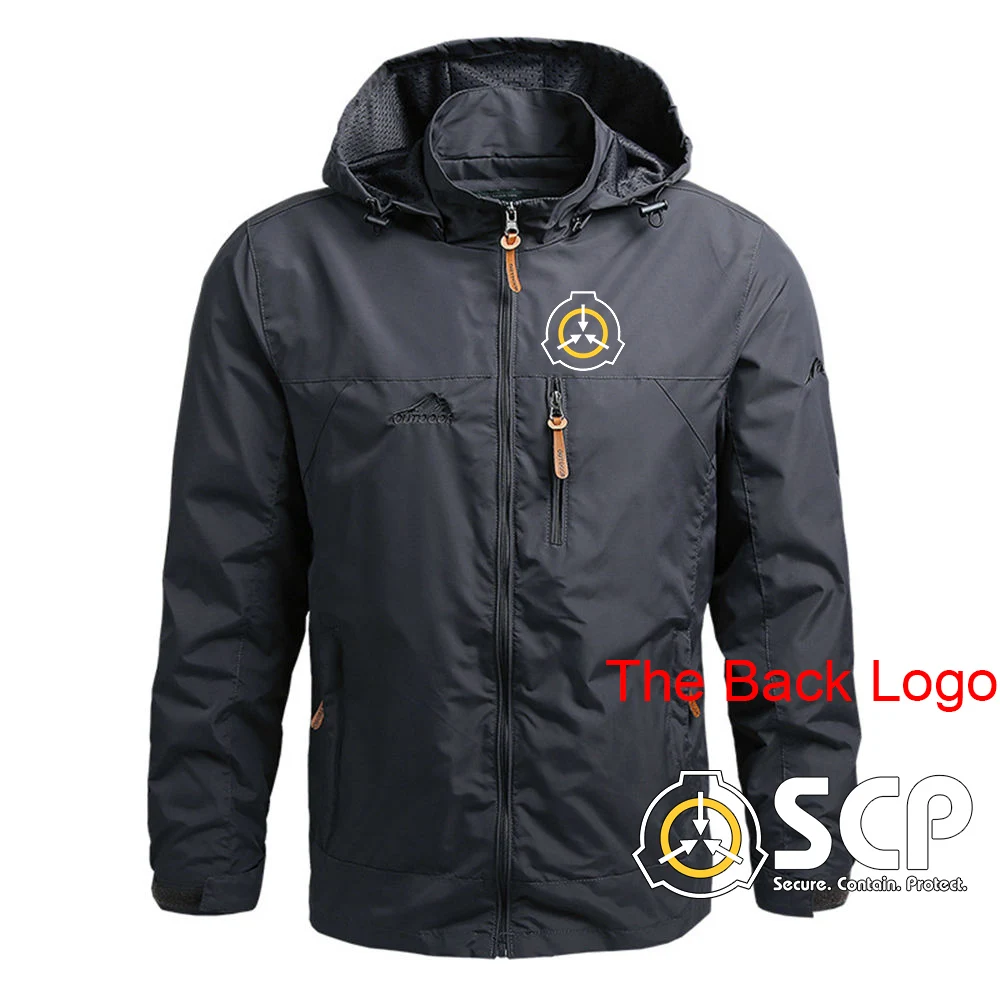 2024 Spring Autumn Mens SCP Foundation Secure Contain Protect Logo Print Outdoor Detachable Hat Design Zipper Windbreaker Jacket