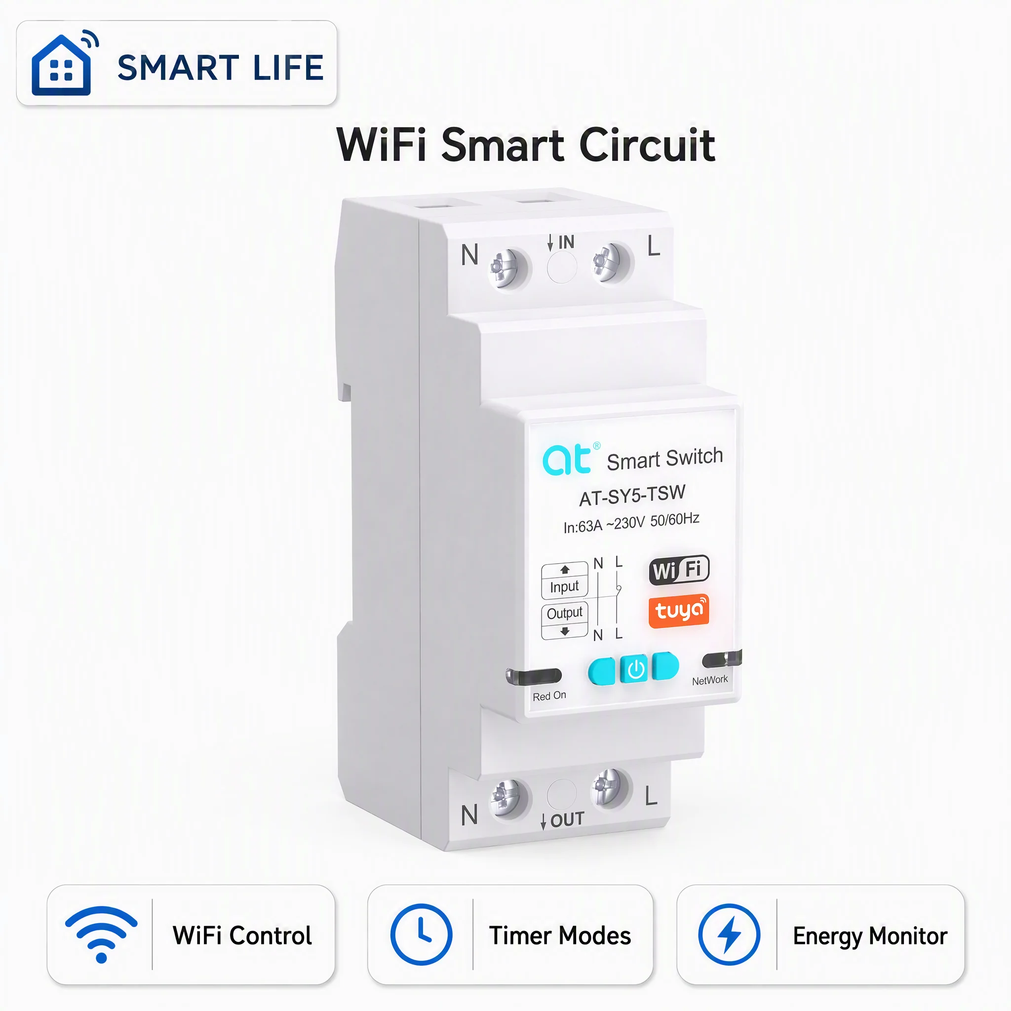 Tuya WiFi Smart Circuit Breaker 1P 63A Current Adjustable Wireless Remote Control Smart Home Equipment by Smart Life APP