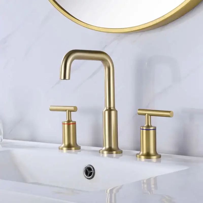 Brushed Gold Brass Double Handles Bathroom Basin Sink Faucet Water Mixer