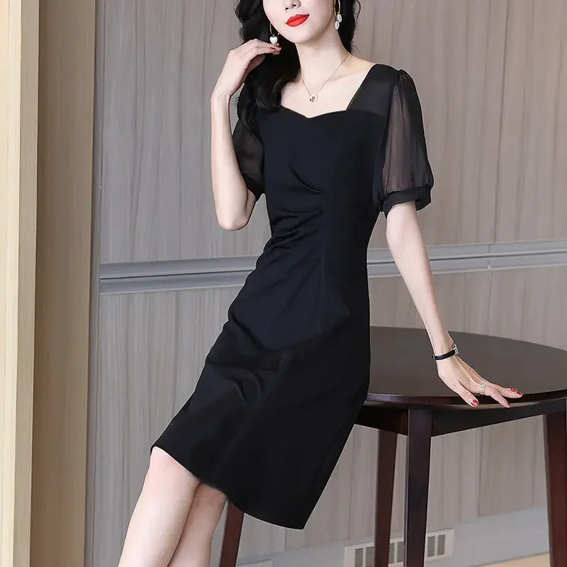 여성 미디 실크 쉬폰 새틴 반팔 원피스 디자이너 코튼 A라인 시크하고 우아한 예쁜 옷 핫 Y2k