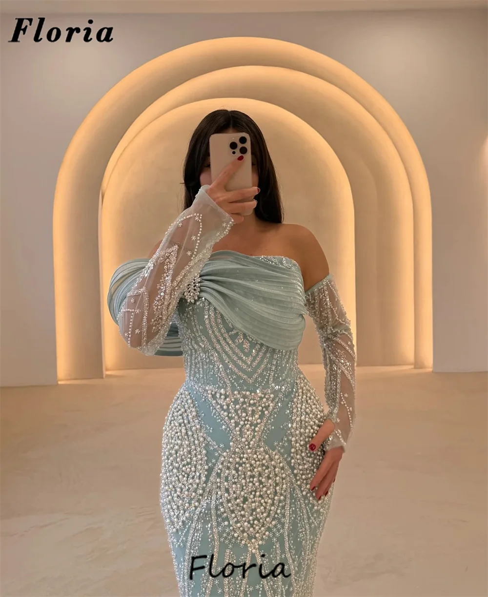 Customized 2025 Blue Mermaid Prom Dresses Off Shoulder Beaded Pearls Evening Dress For Women Party Gowns Vestidos De Cóctel