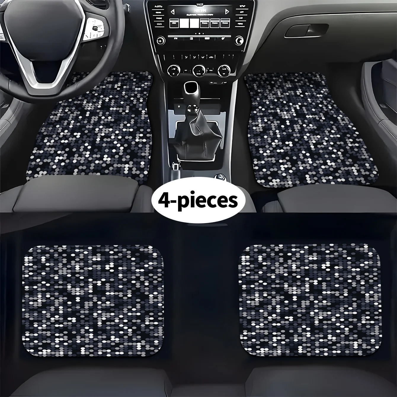 A Set Of Four Car Floor Mats Featuring A Pattern Of Densely Arranged White Dots On A Black Background, Suitable For All Models M