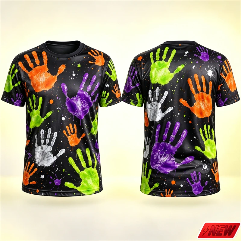 Halloween Horror Neon Handprint Graffiti Pattern T Shirt Men 3D Print Ink Splatter Paint Dots Short Sleeve Tee Casual Top Unisex