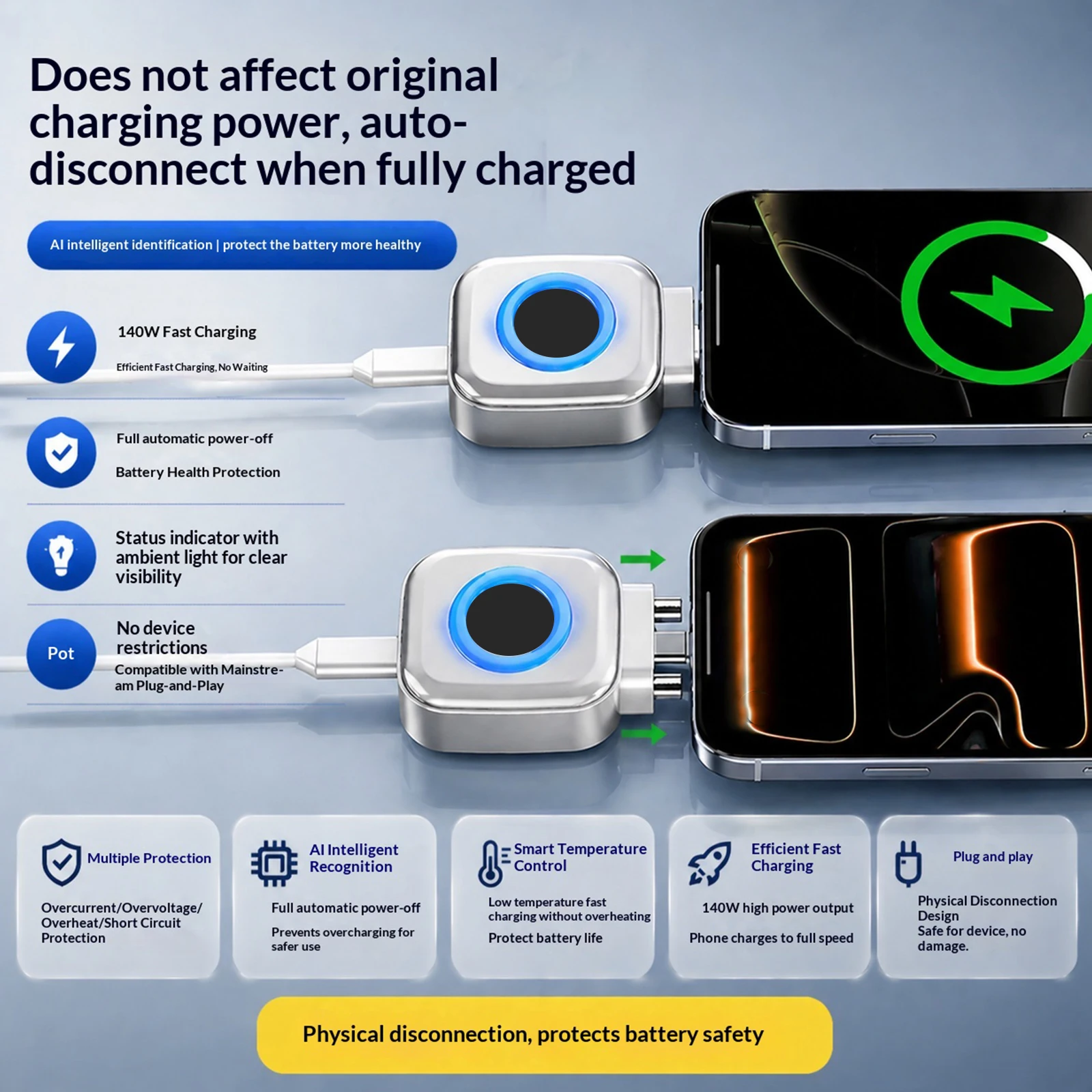 140W Type-C Fast Charging Data Cable Separator Anti-Overcharge Intelligent Auto Stop Separator for Home Office & Outdoor Travel