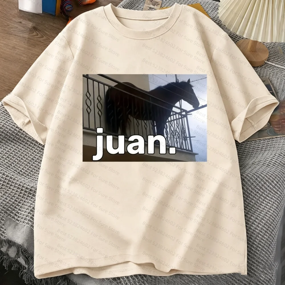 Juan Silly Horse on Balcony Dank Meme Graphic T-Shirt Women t-shirt Round Neck Casual Summer Short Sleeve Men's Summer Tops