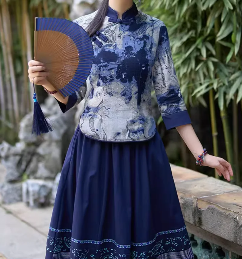 طقم بلوزة وتنورة نسائية من القطن والكتان شيونغسام من العناصر الكلاسيكية الصينية