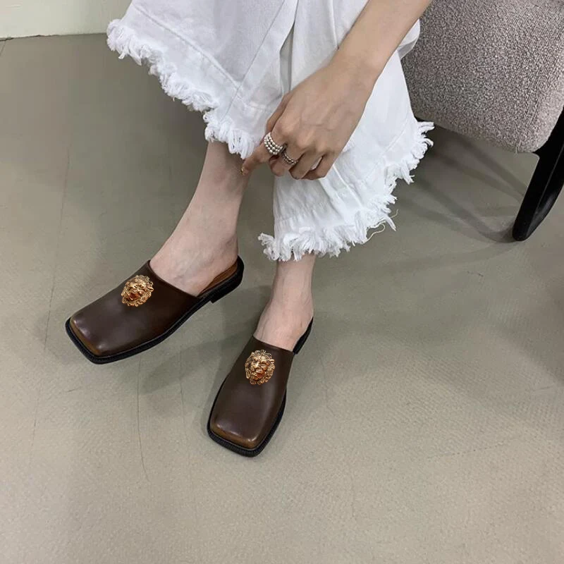 Baotou Setengah Sandal Wanita Baru Perancis Vintage Sepatu Kulit Kecil Kepala Persegi Sepatu Tunggal Datar Lembut Sol Sepatu Muller 37