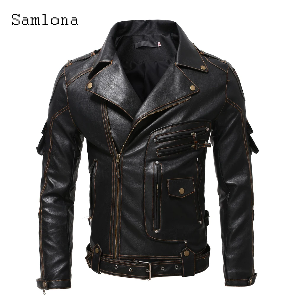 

Samlona 2023 New Faux Pu Leather Jackets Men's Top Outerwear Zipper Up Coats Fashion Moto&Biker Jacket Plus size Mens Overcoats