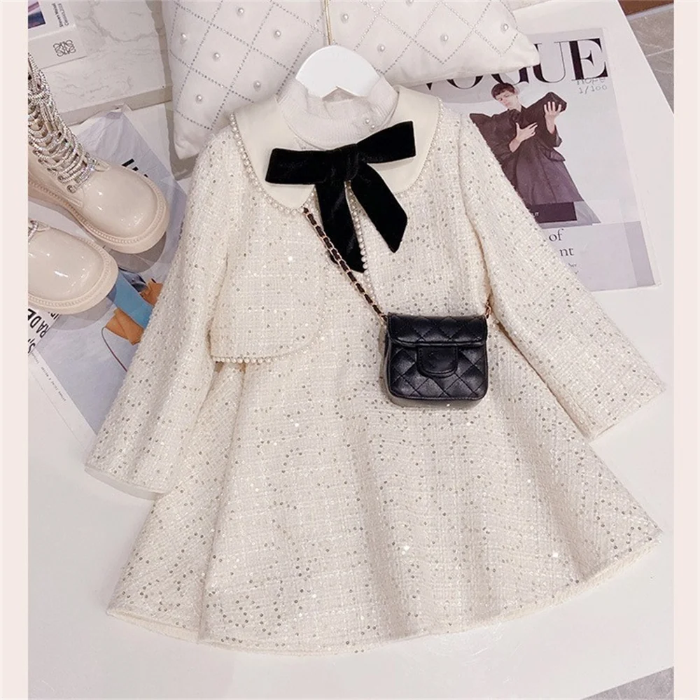 Princess Kids Girl 2pcs Clothes Set Spring Autumn Teenager Children Sweet Coat Outwear+Dress Vintage Outfits Suit for 3-15 years