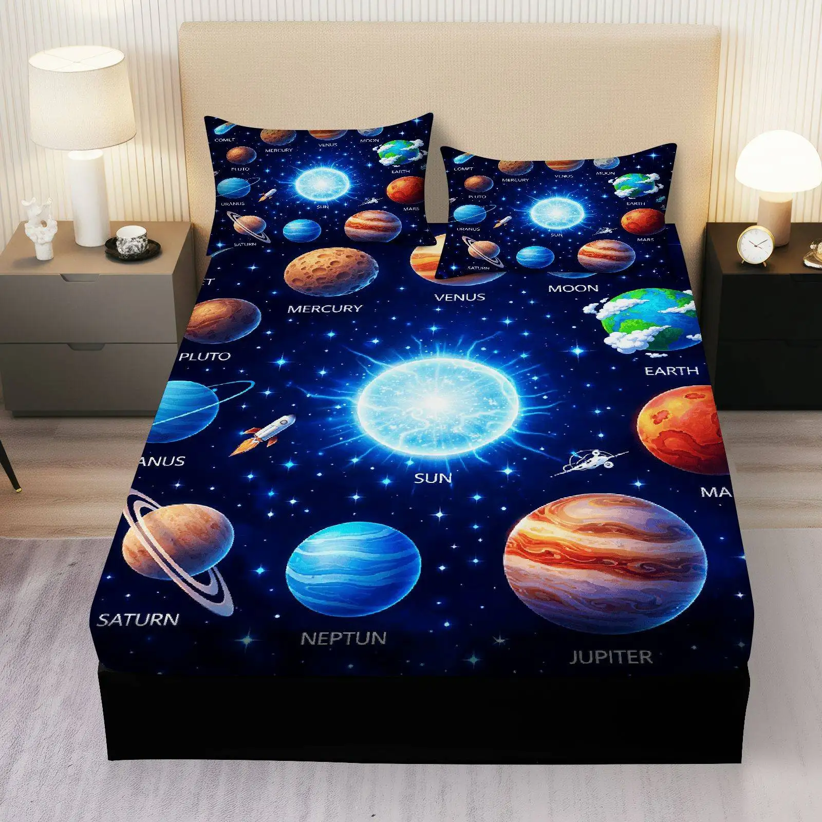 Solar system themed three-piece bedding set, breathable and comfortable mattress protector, made of breathable polyester material (includes 1 fitted sheet + 2 pillowcases). Mattress protector, fitted sheet style with elastic edges, protective cover, mattress cover, fitted sheet bedding, Christmas themed bedding