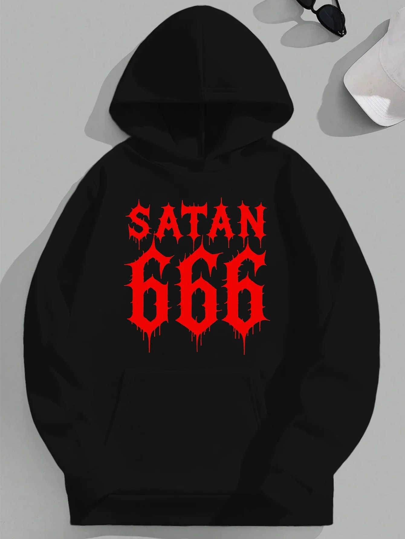 Herren-Hoodie in Übergröße, Gothic-Design, Heavy Metal, SATAN 666 – Schwarz mit rotem Blut-Tropfen-Muster, lockere Passform, lässige Streetwear, maschinenwaschbar.