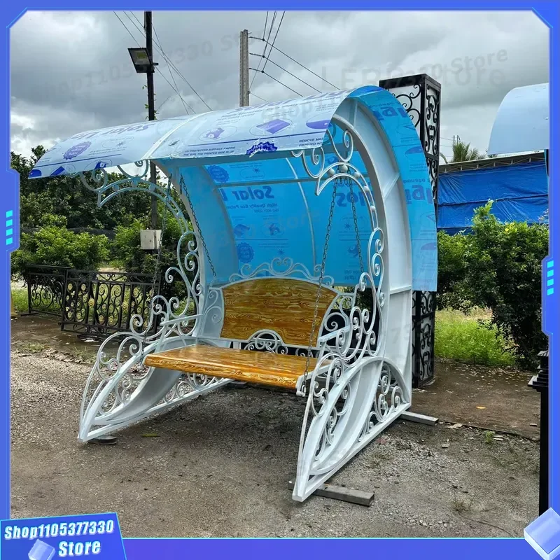 Luxury Wrought Iron Garden Swing with Canopy Custom Design for Villa Resort Hotel Outdoor Patio Furniture Heavy Duty Metal