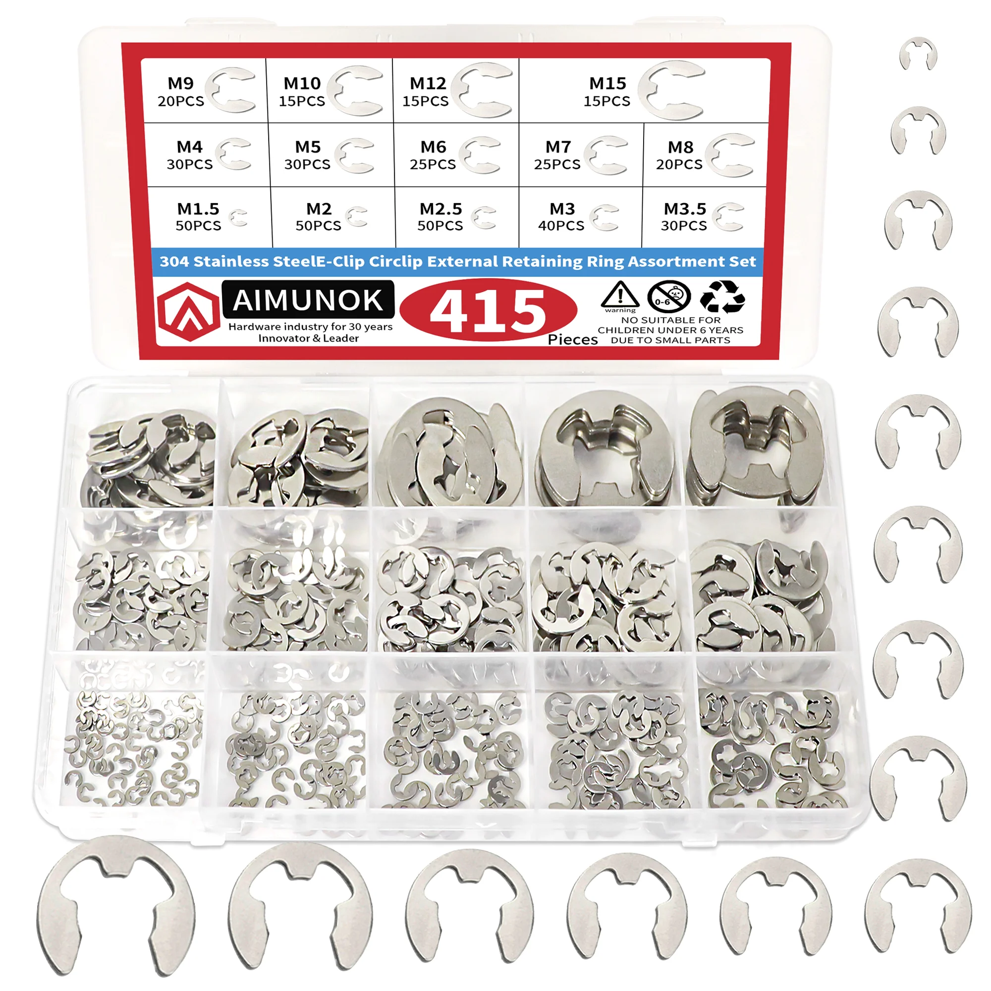 

150/415pcs 304 SS E-Clip Set Multi-Size, Rust/Wear-Resist, Easy Storage, Furniture/Auto/Appliance Fix, Precise Install Must-Have
