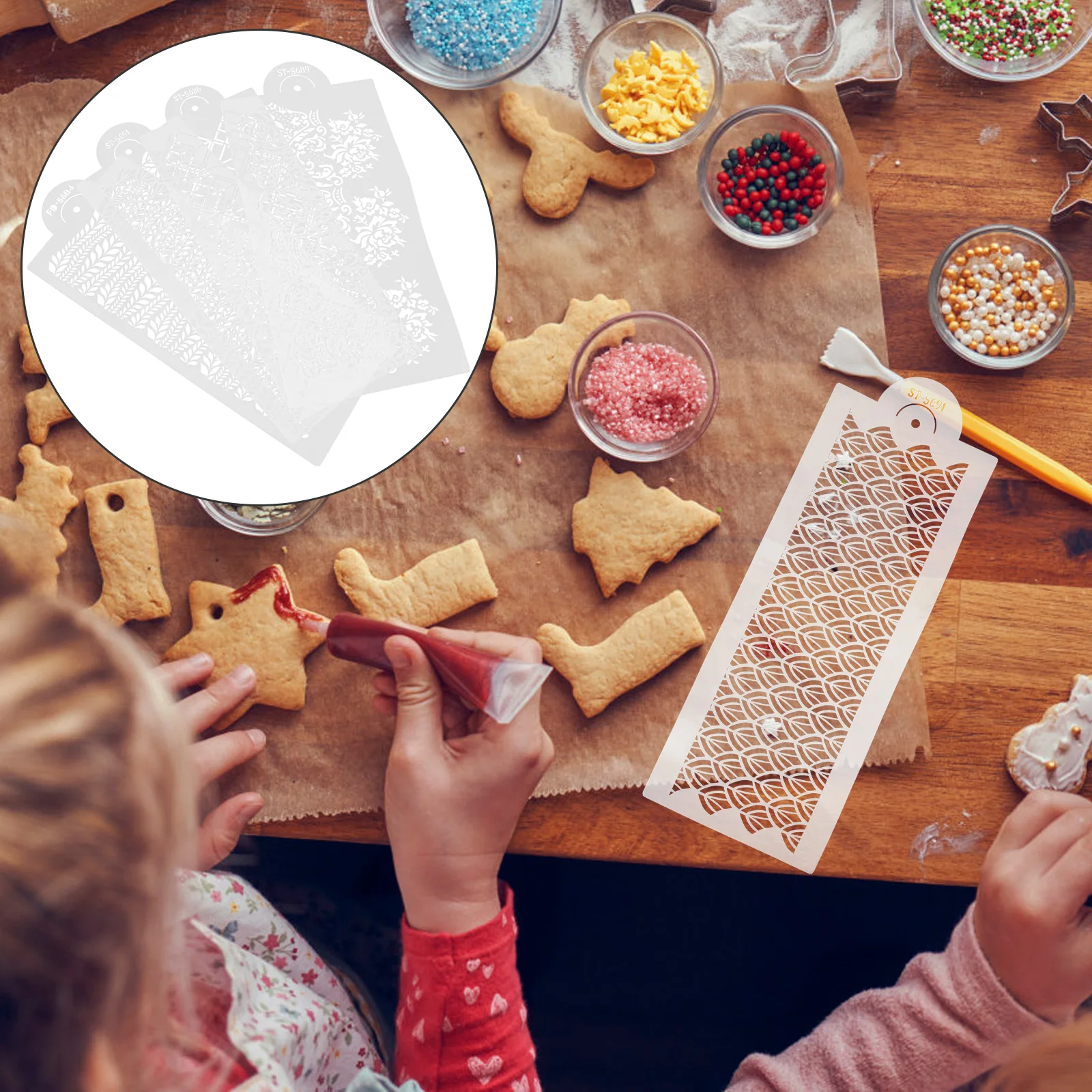 

4Pcs Cake Fondant Stencils DIY Hollow Molds Non-Stick Reusable Templates for Baking Decorating Cakes Coffee Crafts
