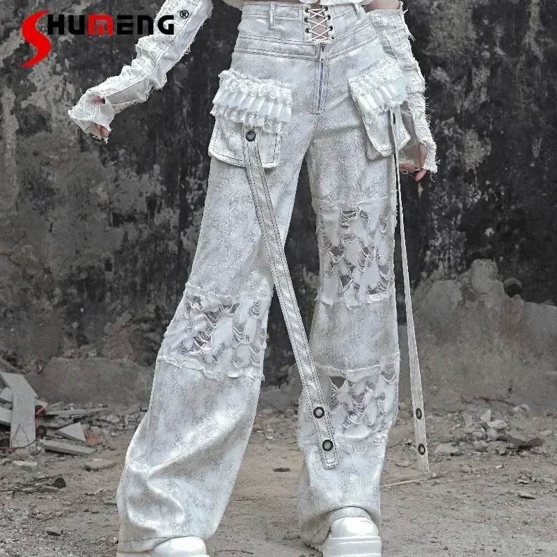 

New Japanese Old Suede Straps Fake Two-piece Punk Tooling Straight Trousers Autumn Wear Clothes Women's Slacks Long Casual Pants