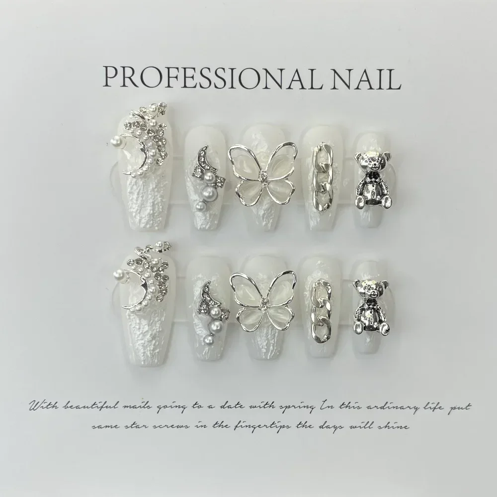 

Handmade White Matte Luxury Coffin Press on Nails with Rhinestone Design Reusable Adhesive Korean False Nails Nail Tip for Girls