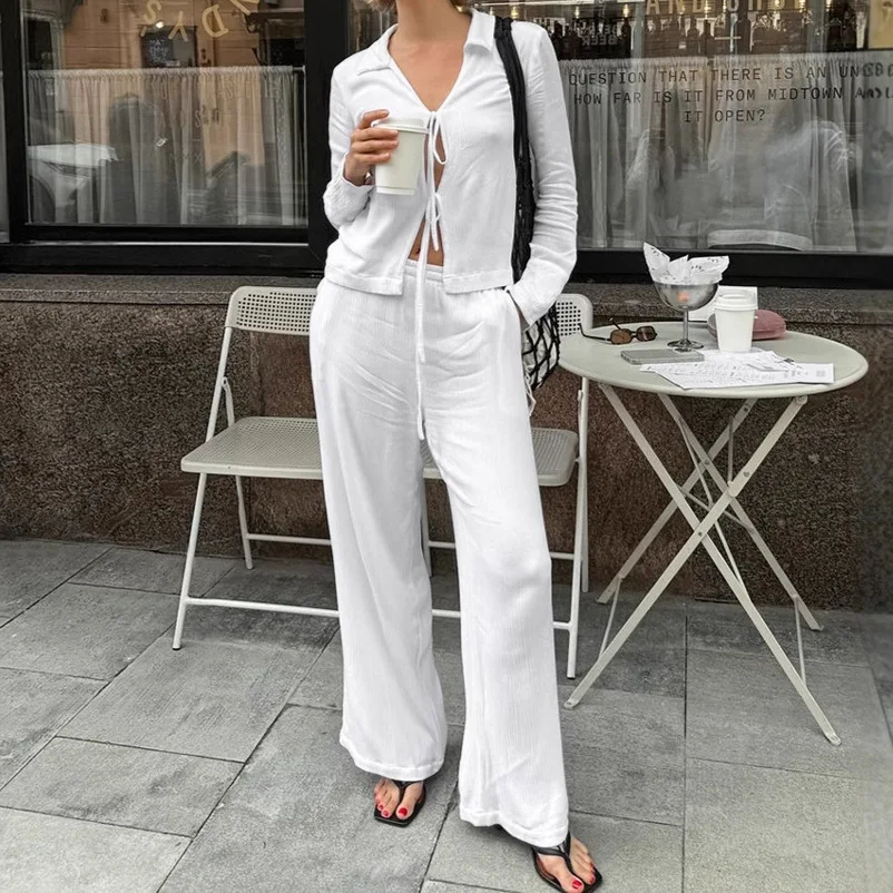 

2024 autumn and winter versatile white shirt high waist straight trousers casual suit Z423