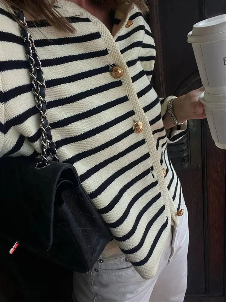 Striped Knit Sweater Cardigan Coat Female Loose Long Sleeve Fashion Slim Patchwork Contrast Outwear Summer Knitwear Coat