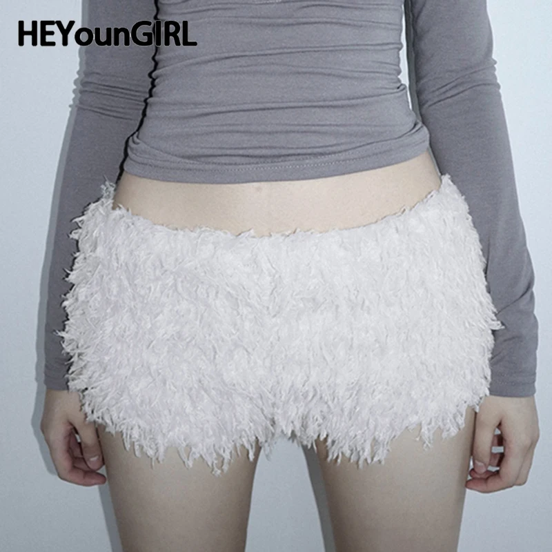 HEYounGIRL Y2K Fur Shorts Girly Sweet Style Low Waist White Mini Shorts Homewear Casual Basic Slim Short Pants Spring Outfits