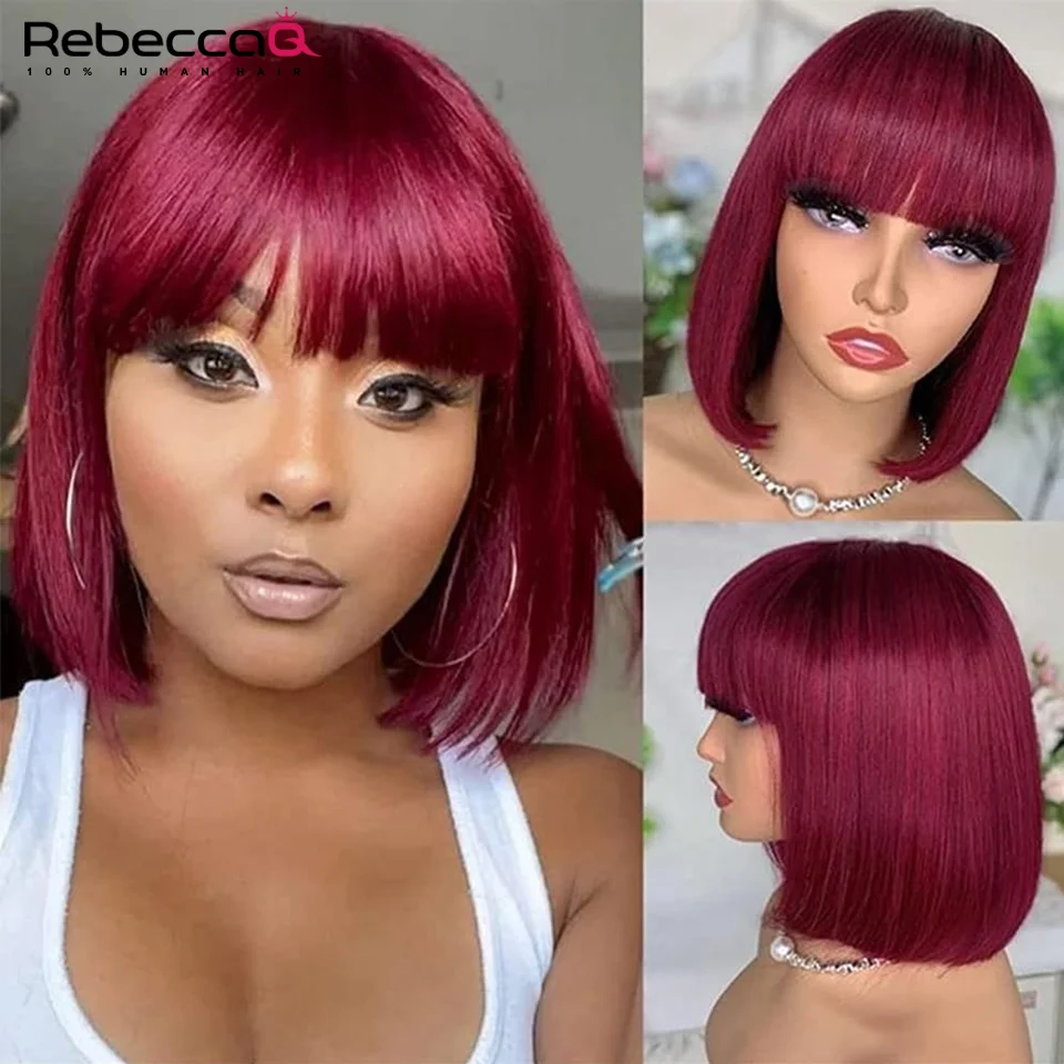 99J Burgundy Short Bob Wig With Bangs Glueless Wig Human Hair Ready To Wear Brazilian Human Hair Wig Remy Full Machine Made Wig