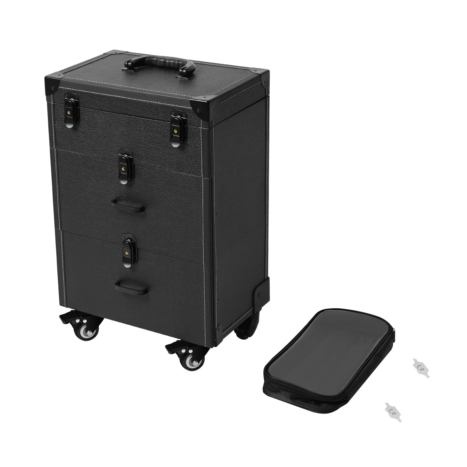 Professional Makeup Nail Art Case Lockable with Adjustable Pull Rod 4 Universal Wheels Large Capacity 2-Drawer for Salon Travel