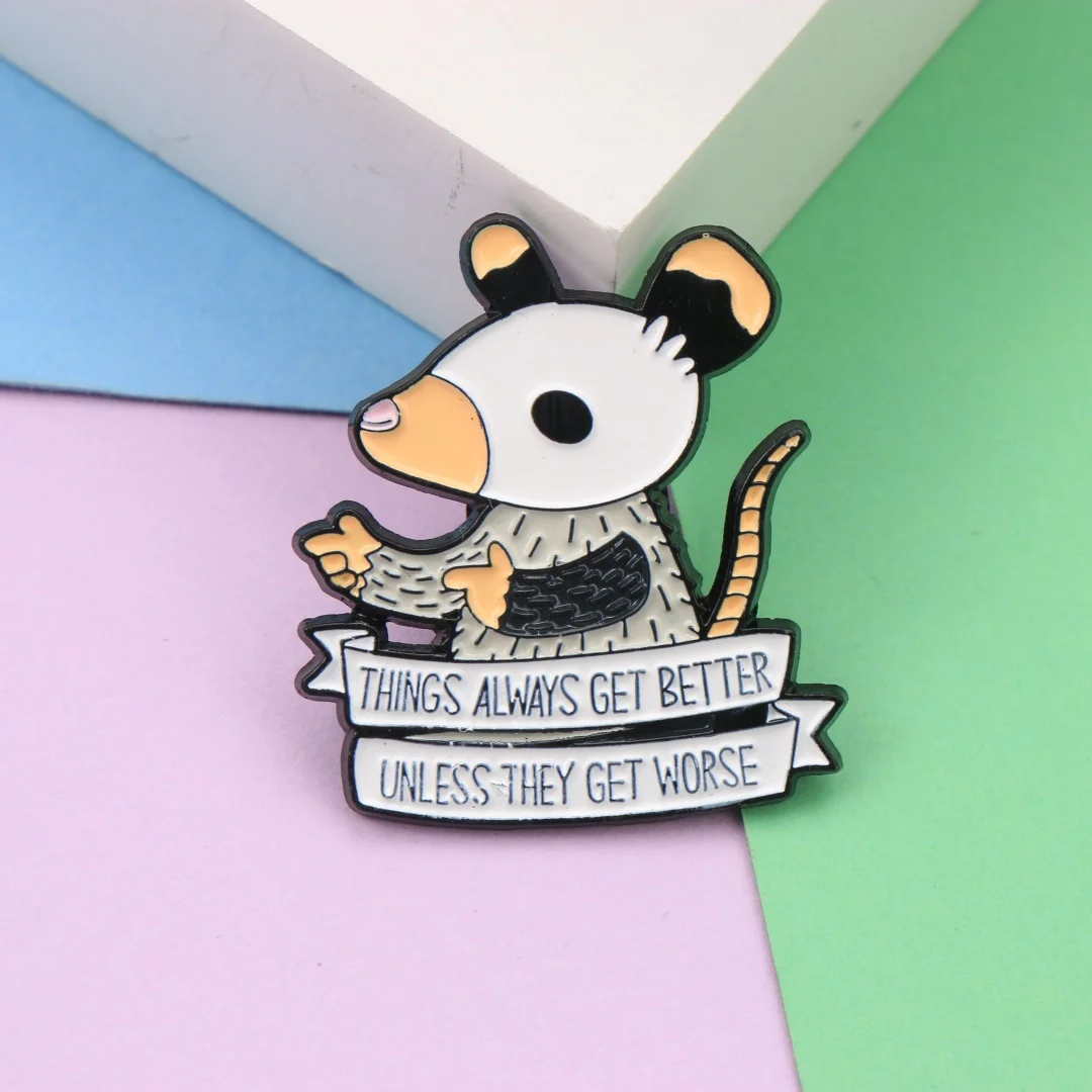 Cartoon Opossum Enamel Brooch Sarcasm Text Banner Dark Humor Animal Metal Lapel Pin Bag Hat Alternative Decor Badge Accessory
