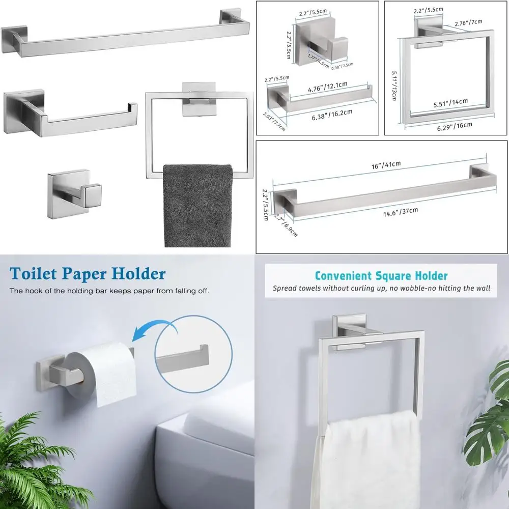 

4-Piece Bathroom Accessory Set: 16 Towel Bar, Holder, Toilet Paper Holder, and Hook