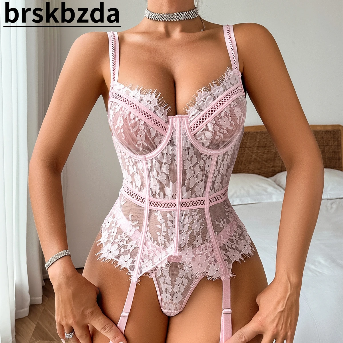 

Brskbzda Luxury Floral Lace Garter Lingerie Set Pink Women Intimates 2025 New Underwire Bra And Thongs Ladies Underwear Set