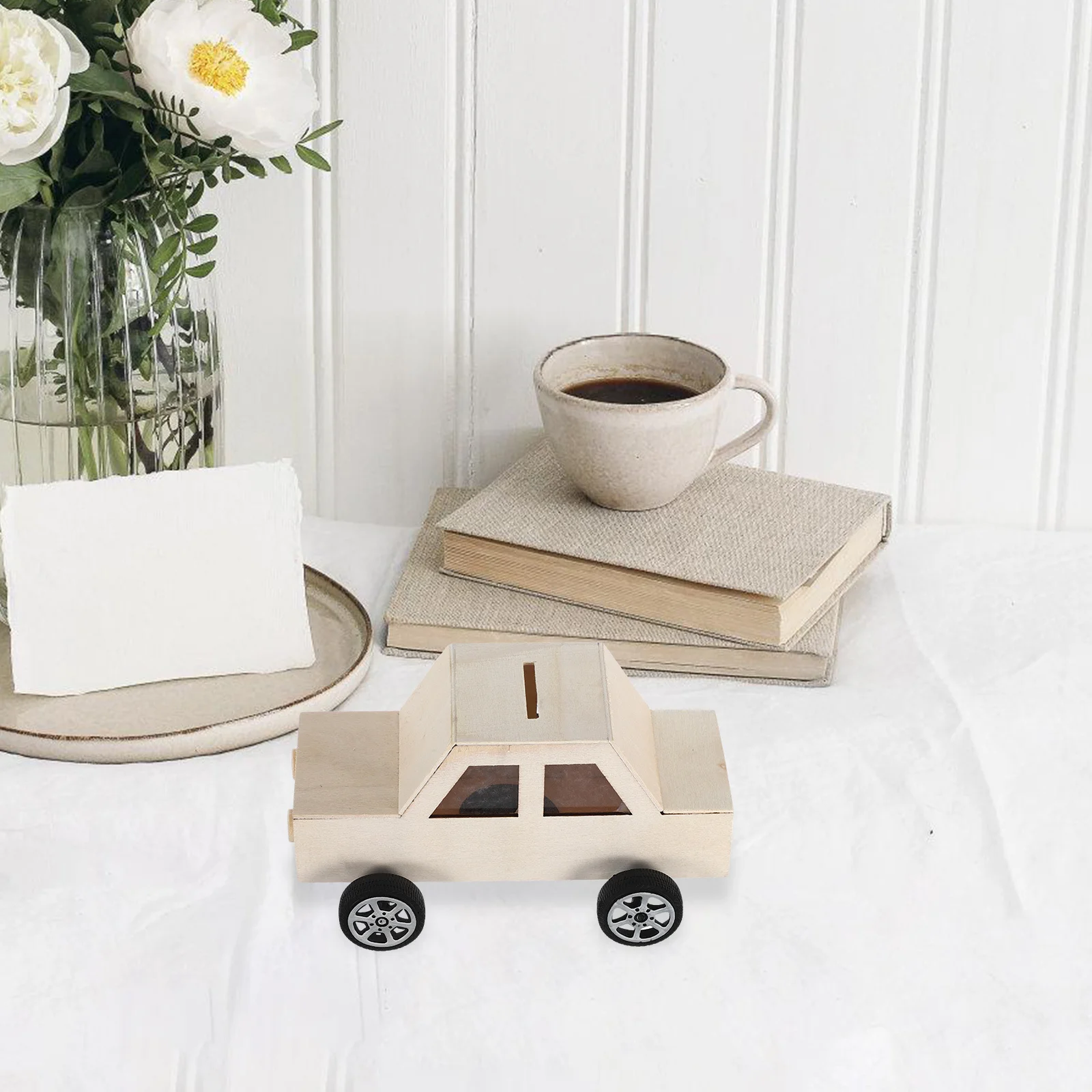 2個入り 木製 車型貯金箱 DIYクラフトキット 未塗装 塗装可能 マネーボックス ホームデコレーション 木製マネーボックス