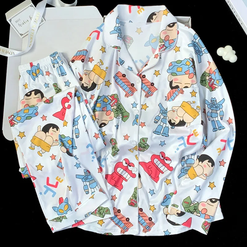 Novo dos desenhos animados crayon shinchan menina conjunto de pijama kawaii manga longa calças compridas pijamas meninas pijamas casuais conjunto de roupas para casa