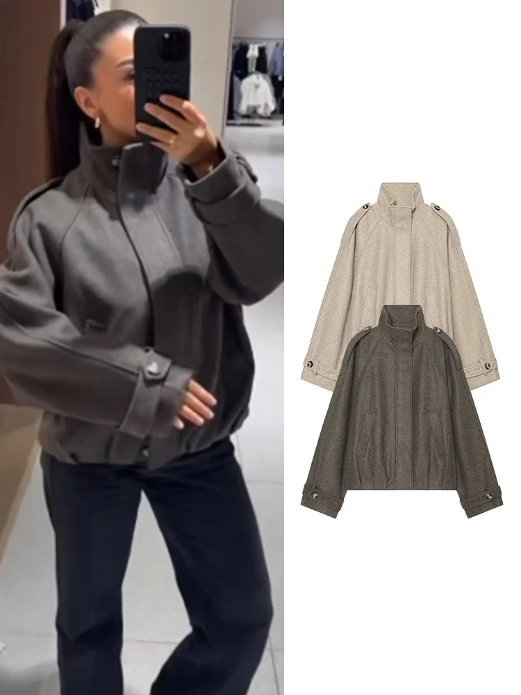 New Autumn TFMLN Warm Soft Woolen Jacket For Women Stand Collar Loose Solid Color Long Sleeve Short Coat Winter Outerwear