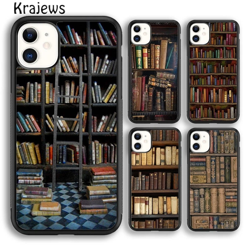 Krajews Vintage Book Library Book Shelf Phone Case Cover For iPhone 16 15 14 plus XS XR 11 12 mini 13 pro max Fundas