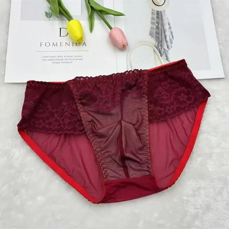 

Мужские шелковистые сетчатые трусики с кружевной отделкой, винно-красные трусики, подарки BF, трусы для живого шоу, танец, частная вечеринка FKK
