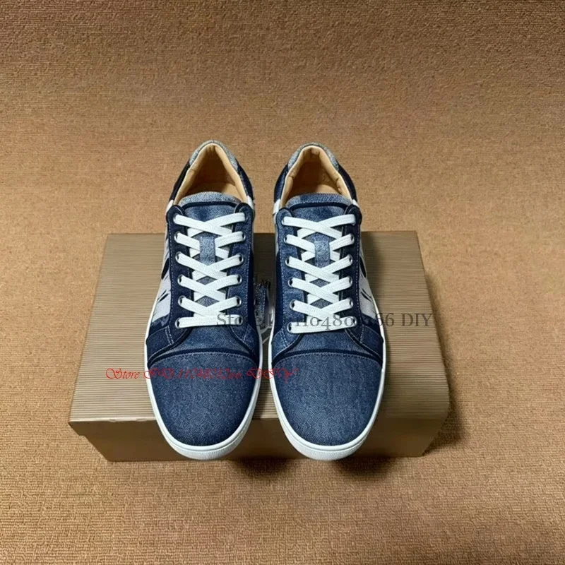 Men Fashion Low Top Washed Denim Rock Rivets Shoes Lace-Up Studded Shoe Spikes Flats Sneakers Personality Footwear Man