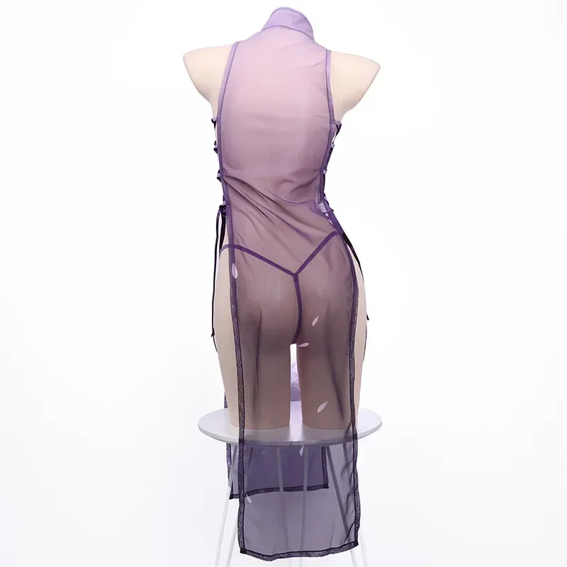 Anime Sakura Cheongsam Unform Cosplay Damska Przezroczysta Sukienka z Siateczki z Kwiatami Fioletowa Qipao Erotyczna Bielizna Kostium