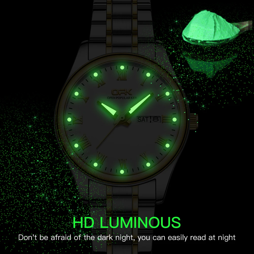 OPK dameshorloge Luxe mode roestvrijstalen quartz horloge Datum Waterdicht Lichtgevend damespolshorloge