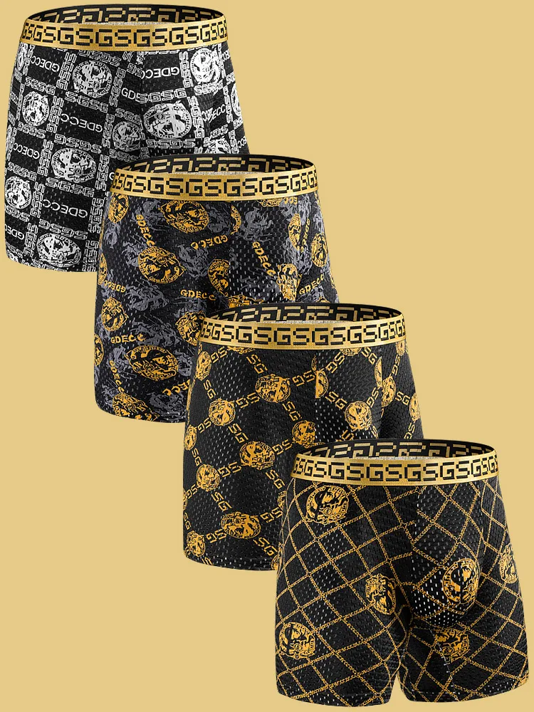 4PCS luxury design, black gold all-over gold chain, knight,ice silk mesh breathable men\'s long boxer briefs with gift box