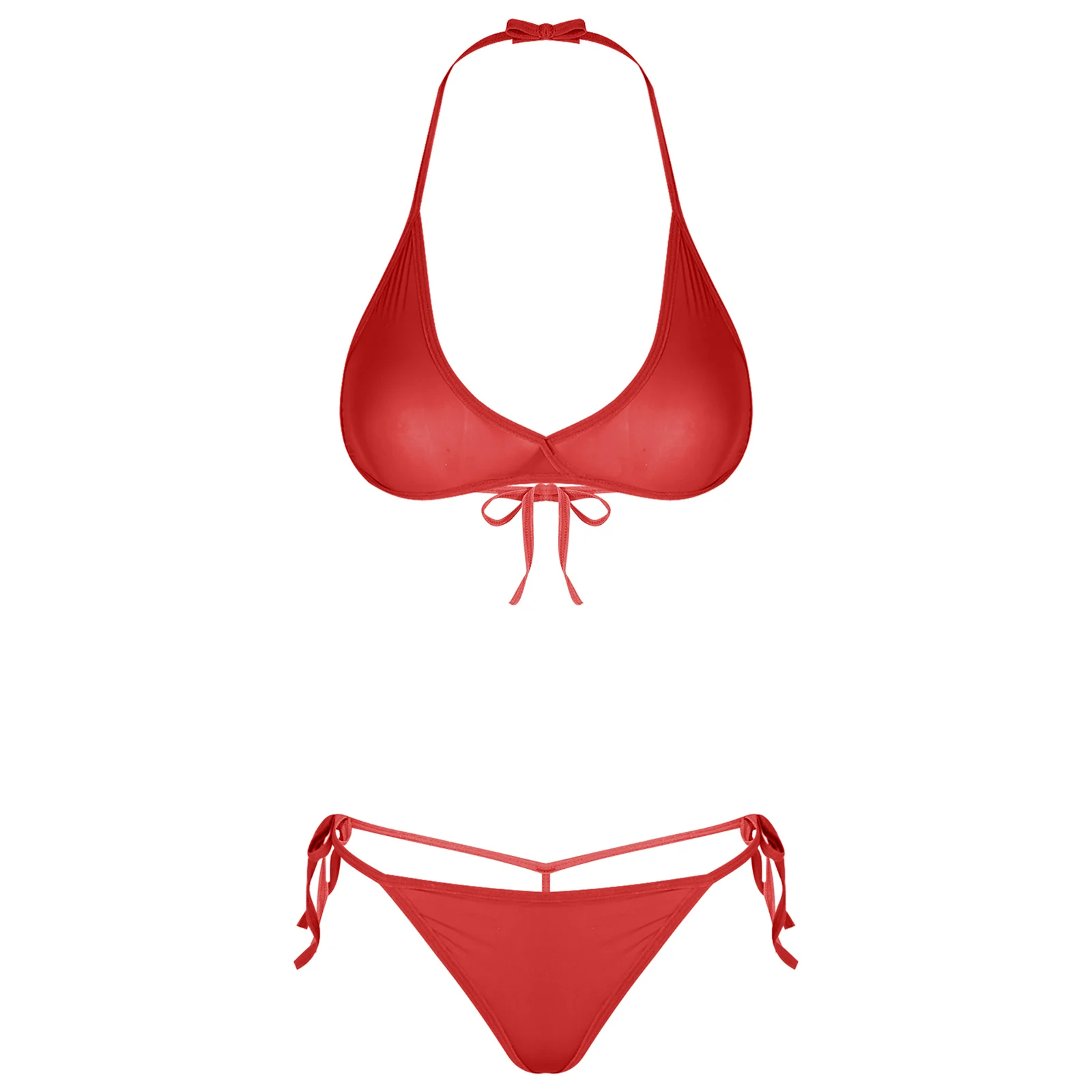 

Womens Sexy Lace-up Bikini Lingerie Set Halter Pad-free Bra Top with T-back Thongs Beach Pool Party Swimsuit Nightwear Clubwear