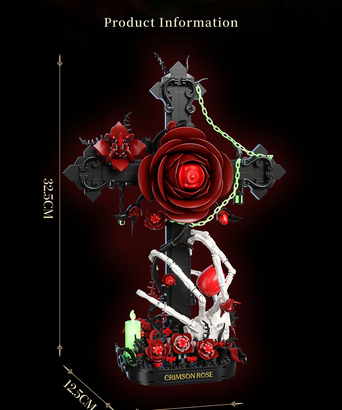 Idea Leuchtender Baustein Kreuz-Totenkopf Rote Rose Spielzeug Blume Skeletthand Konstruktions-Baustein-Modell Sammlerstück Schreibtischdekoration – Detail 10