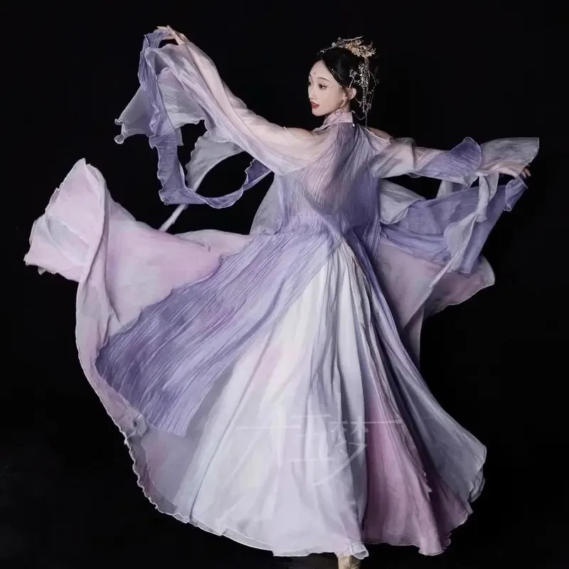 2026 new Elegant Pink Purple Stand Up Collar Ribbon Gauze Dress, Classical Dance Fairy Atmosphere, Chinese Dance