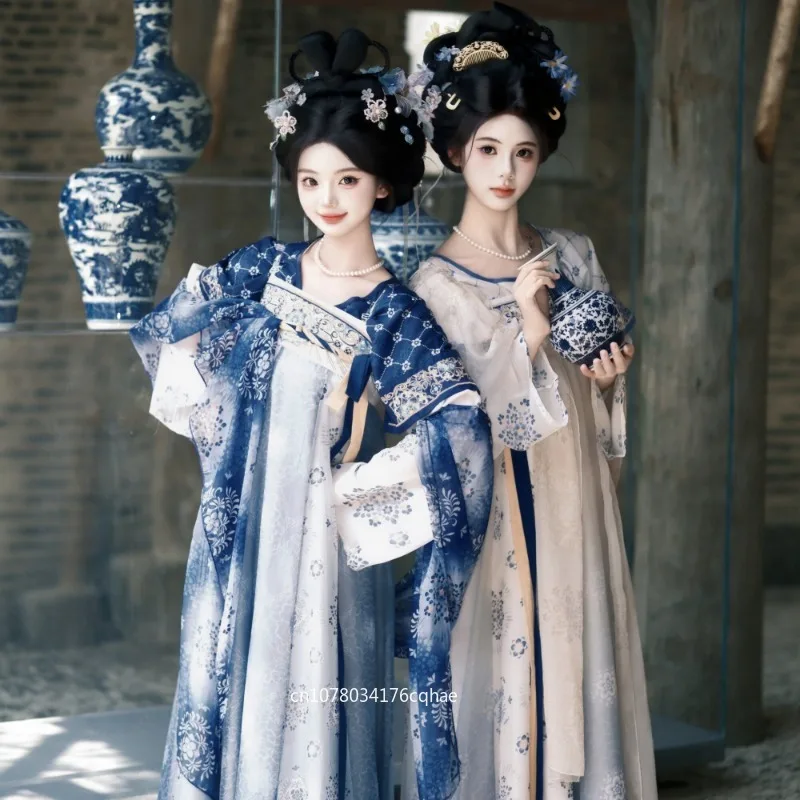 

Women's Tang Style Hanfu Set Blue Open Collar Top & High Waist Ruqun Skirt Chinese Traditional Autumn Outfit