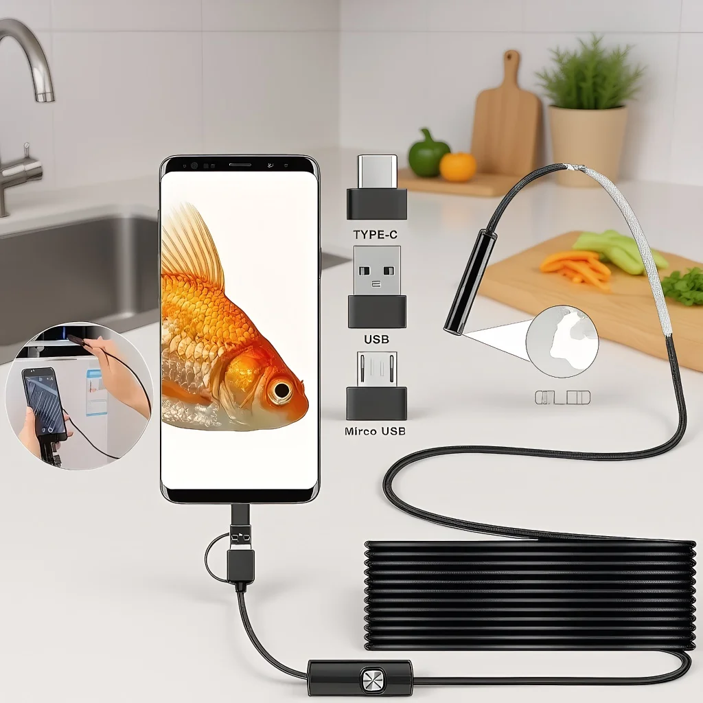 ​ ​ Mini caméra endoscopique 3 en 1 - Caméra serpent USB/Type-C pour PC Android et inspection de voiture ​ ​
